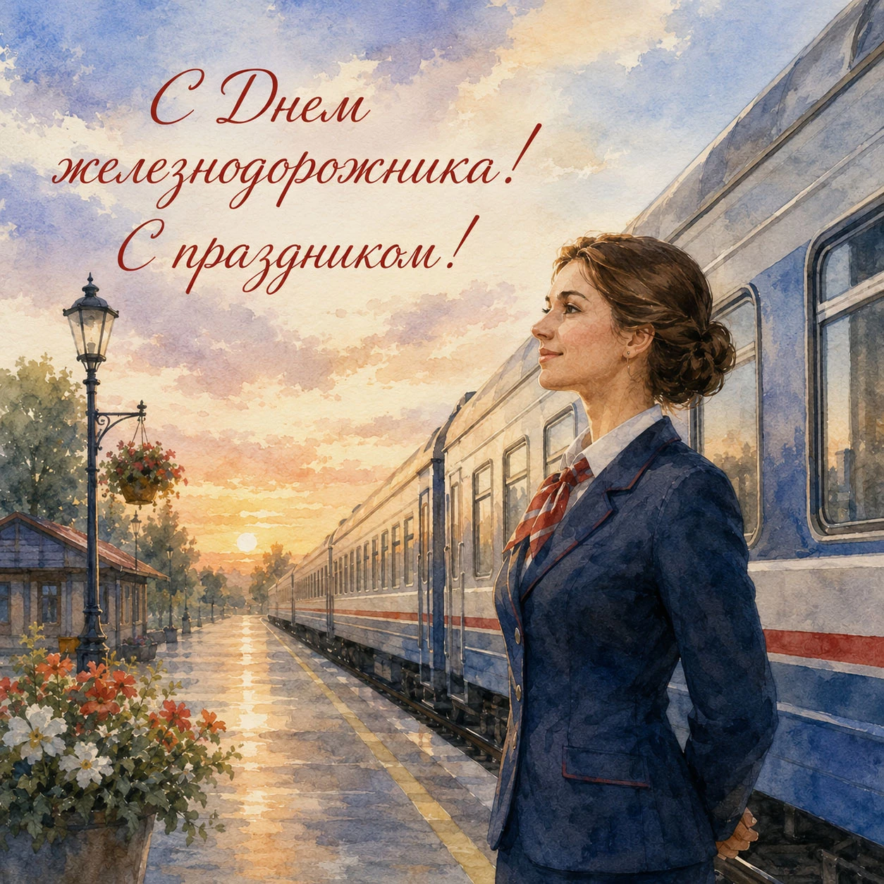 Нежная открытка ко Дню железнодорожника с проводницей