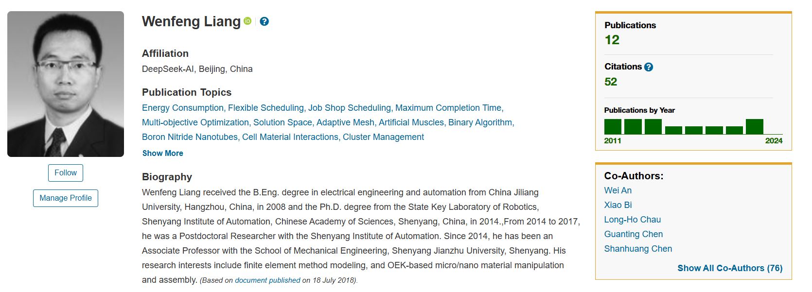 Профиль Лян Вэньфэна на портале IEEE