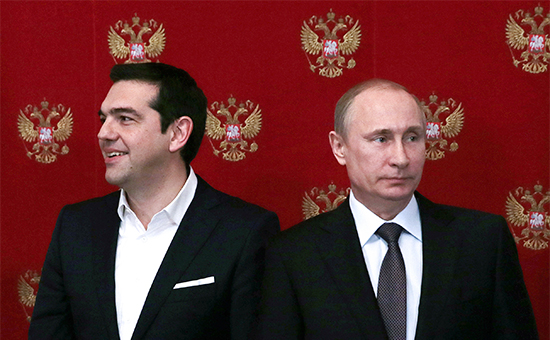 Премьер-министр Греции Алексис Ципрас и&nbsp;президент России Владимир Путин (слева направо). 8 апреля 2015 года


