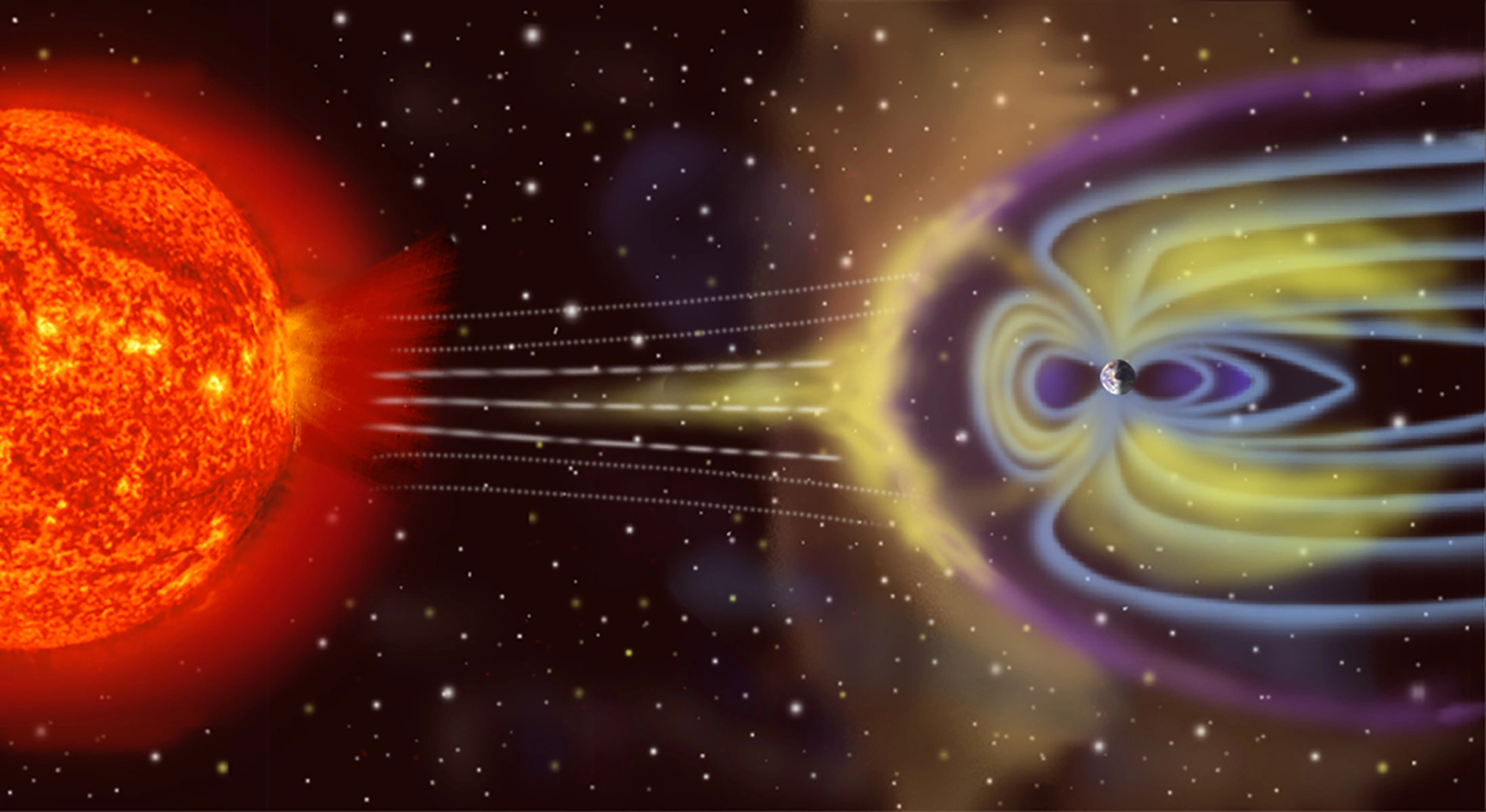 <p>Изображение частиц солнечного ветра, взаимодействующих с магнитосферой Земли</p>