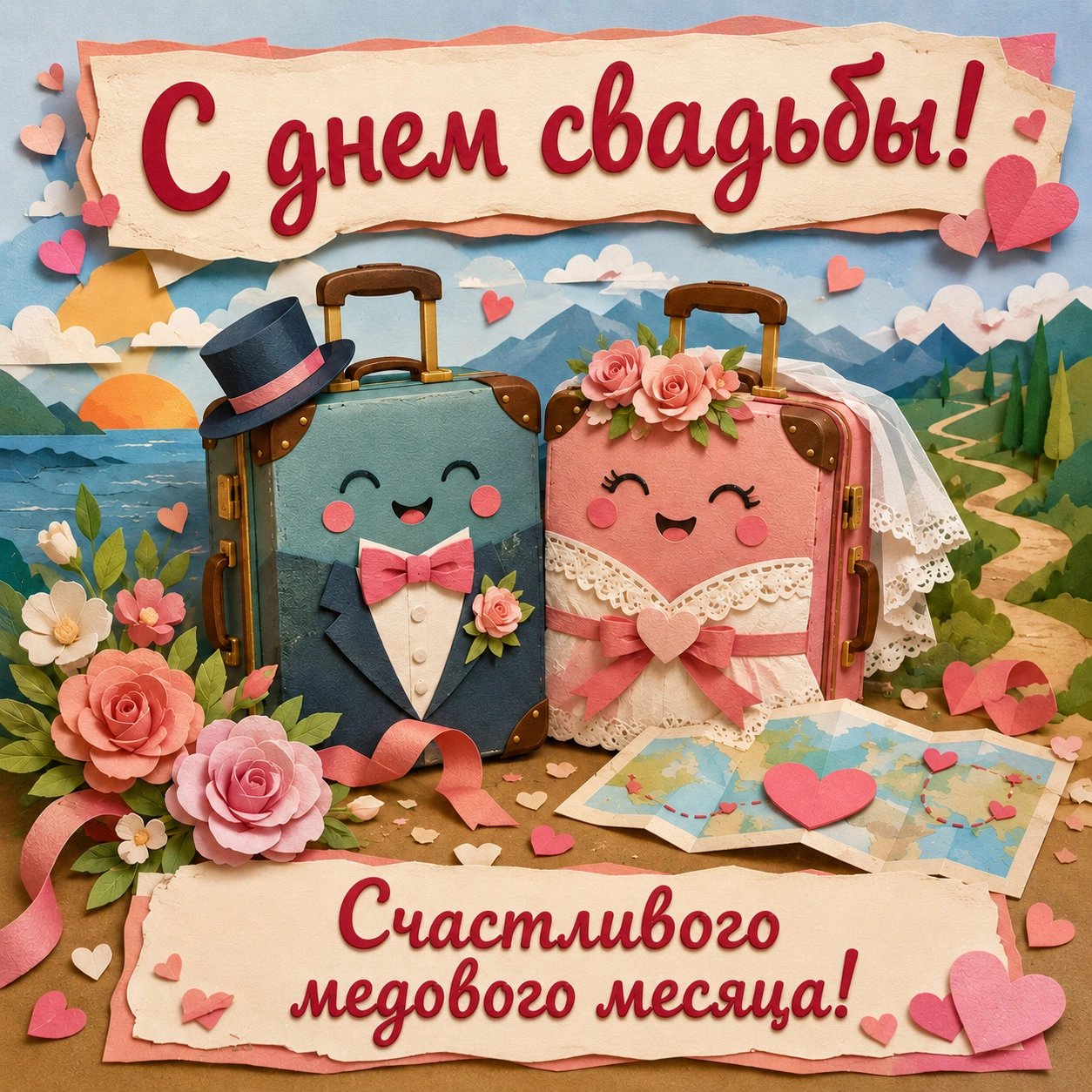 Открытка с днем свадьбы и пожеланием счастливого медового месяца