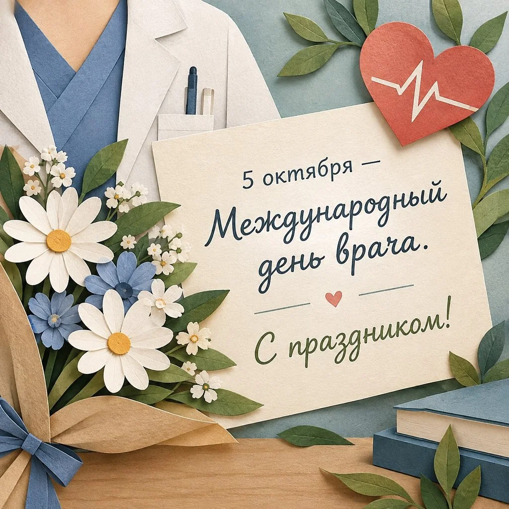 Нежная открытка с надписью «5 октября — Международный день врача. С праздником!»