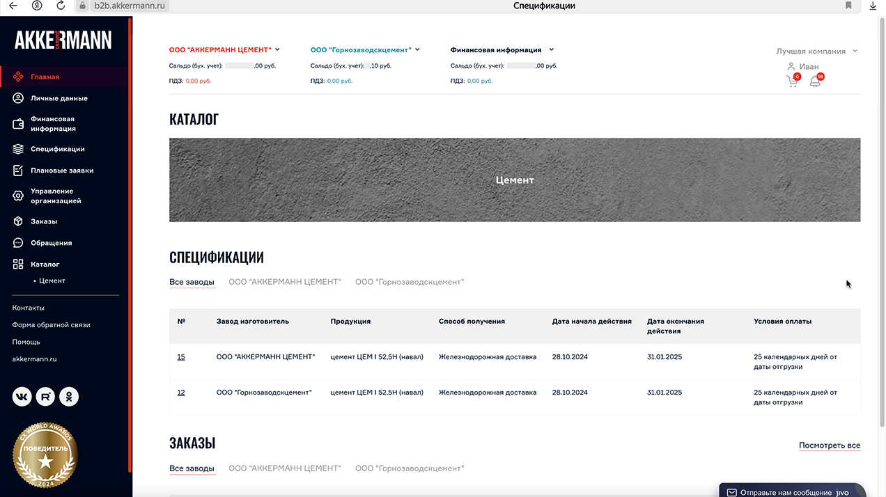 На главной странице есть доступ к основным ресурсам B2B-портала — меню, каталогу, заказам, финансовой информации
