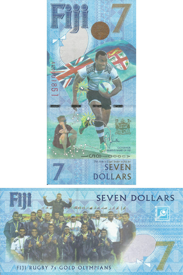 Одной из самых оригинальных участниц конкурса стала напечатанная на Фиджи банкнота с необычным номиналом семь долларов, посвященная победе фиджийской сборной по регби-7 на Олимпиаде в Рио-де-Жанейро, которая принесла стране первую в ее истории олимпийскую медаль. Многие прочили победу именно ей.
&nbsp;