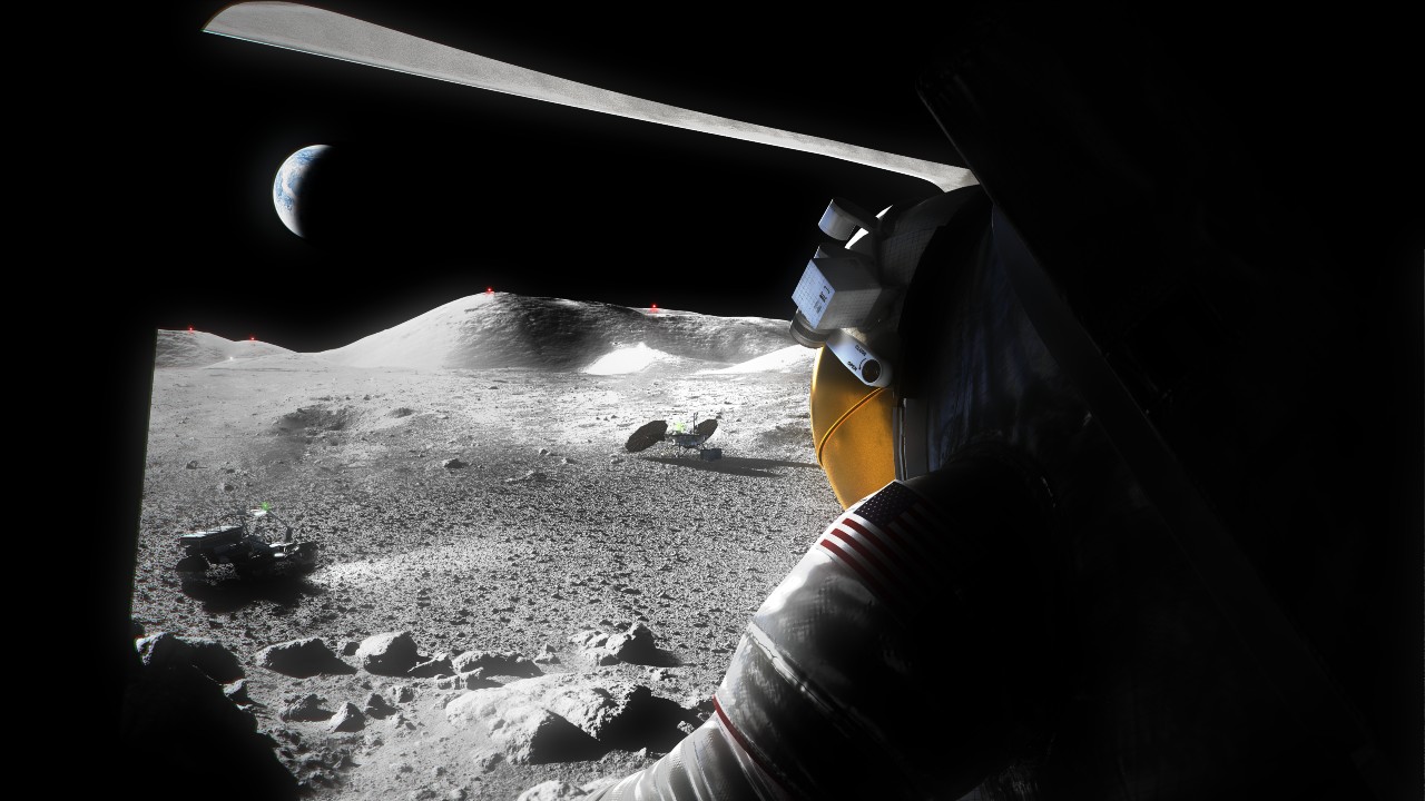 Иллюстрация астронавта, смотрящего из люка посадочного модуля на лунную поверхность