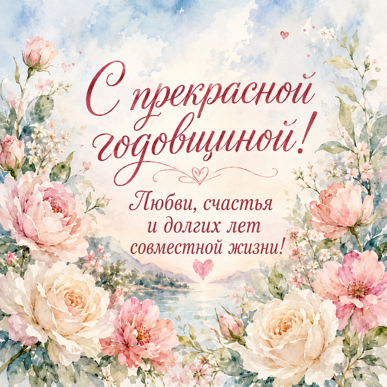 Акварельная открытка с надписью «С прекрасной годовщиной! Любви, счастья и долгих лет совместной жизни!»