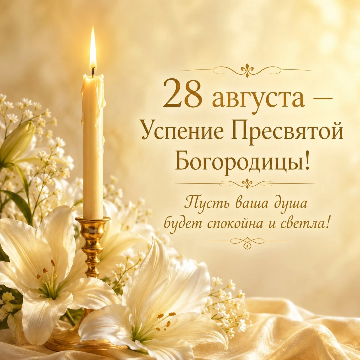 Поздравительная открытка с надписью «28 августа — Успение Пресвятой Богородицы!»