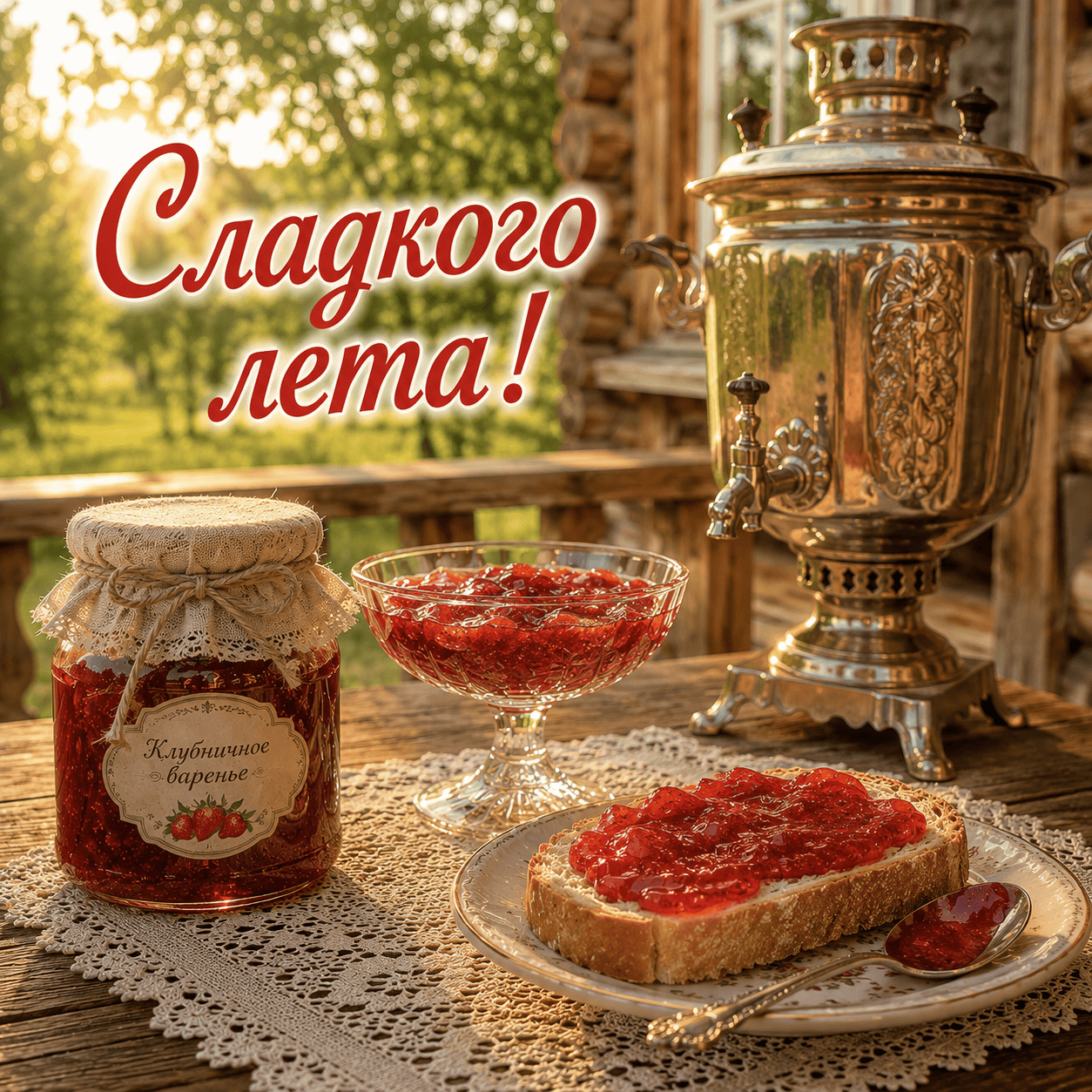 Открытка с самоваром и вареньем с надписью «Сладкого лета!»