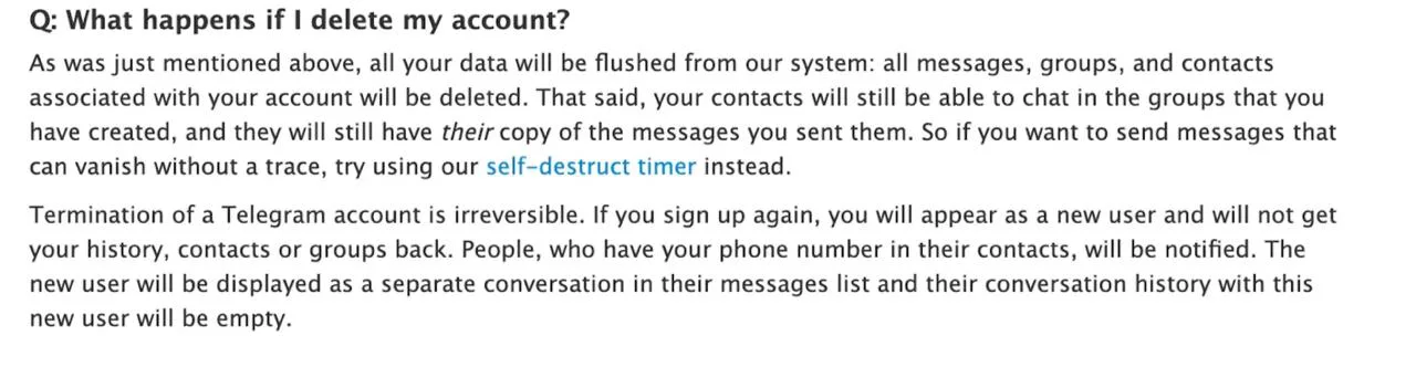 Политика Telegram, касающаяся удаления профиля