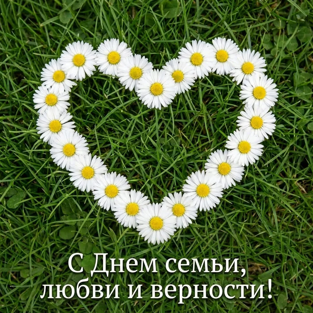Красивая открытка с сердцем из ромашек и поздравлением с Днем семьи, любви и верности