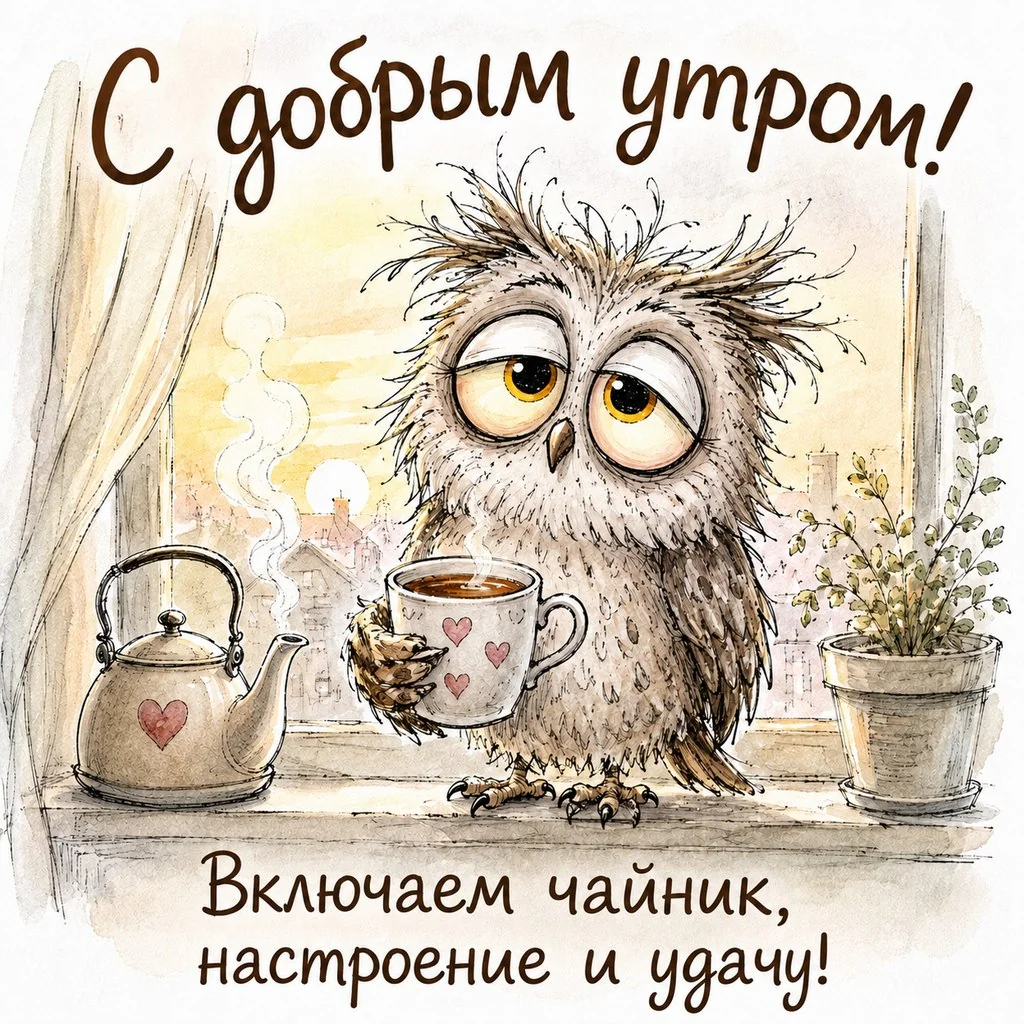 Смешная открытка с добрым утром с совой и чайником