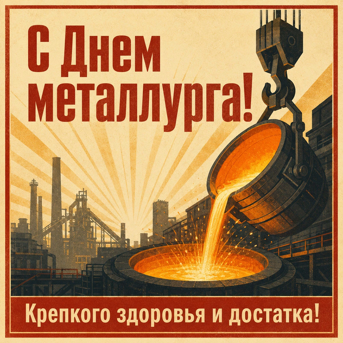 Открытка ко Дню металлурга с пожеланием крепкого здоровья и достатка