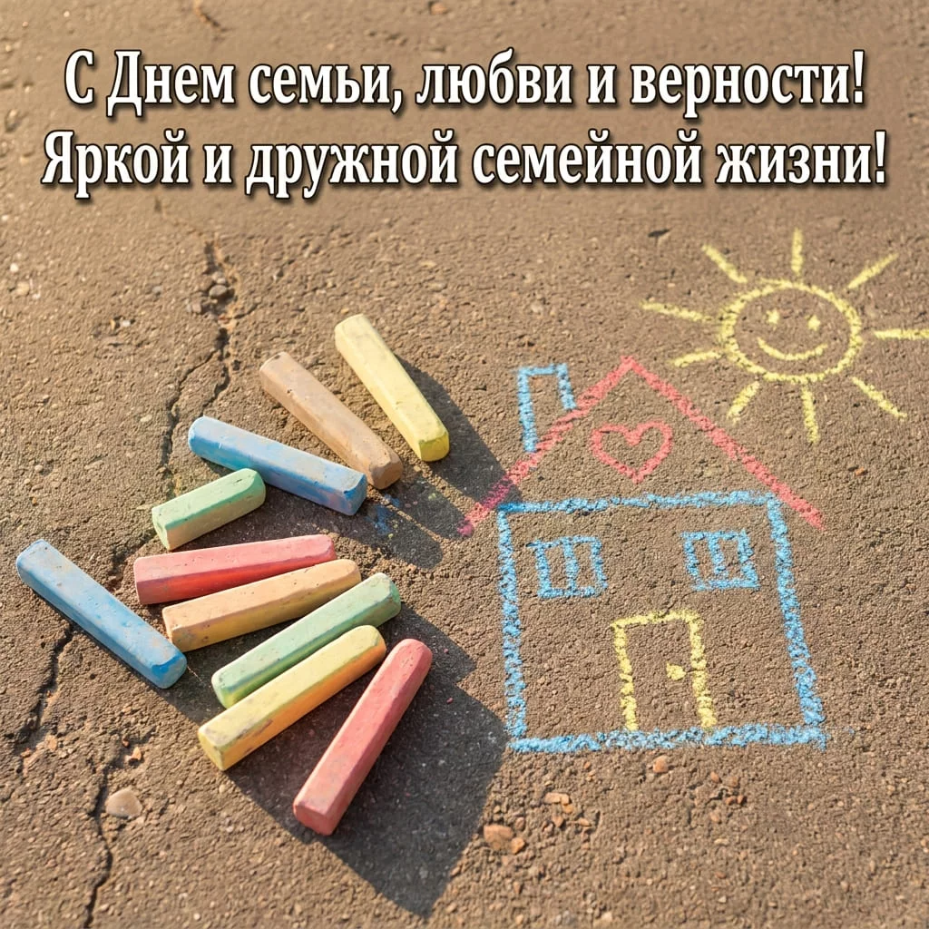 Открытка с цветными мелками и детским рисунком на асфальте, с поздравлением «С Днем семьи, любви и верности! Яркой и дружной семейной жизни!»