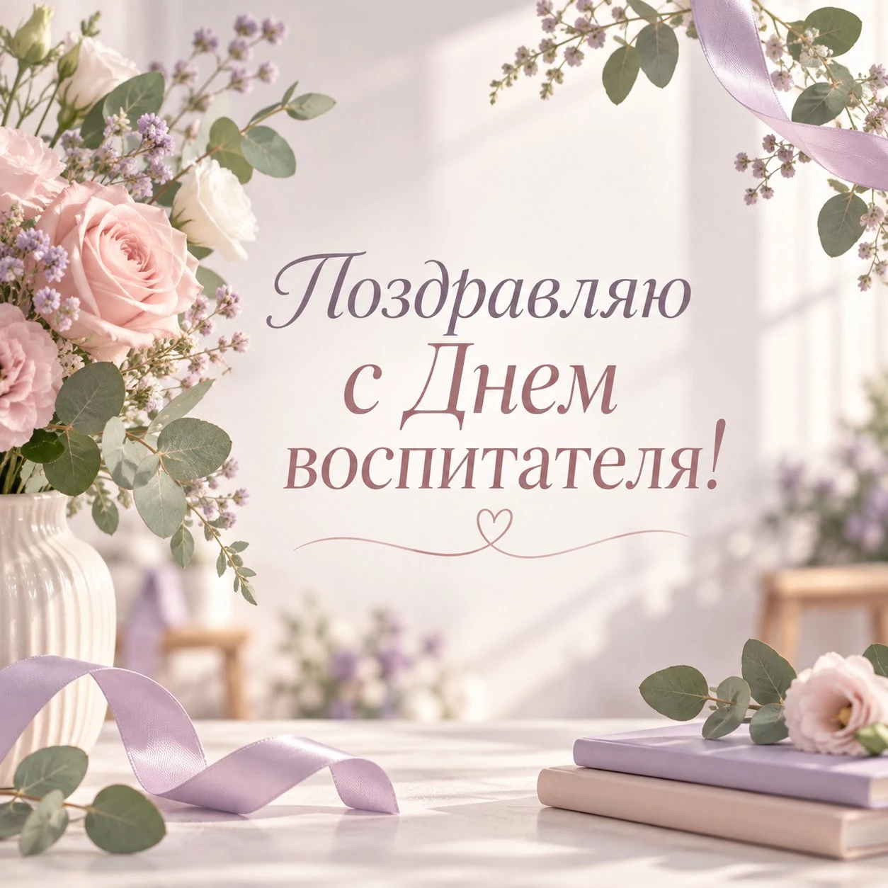 Нежная открытка с надписью «Поздравляю с Днем воспитателя!»