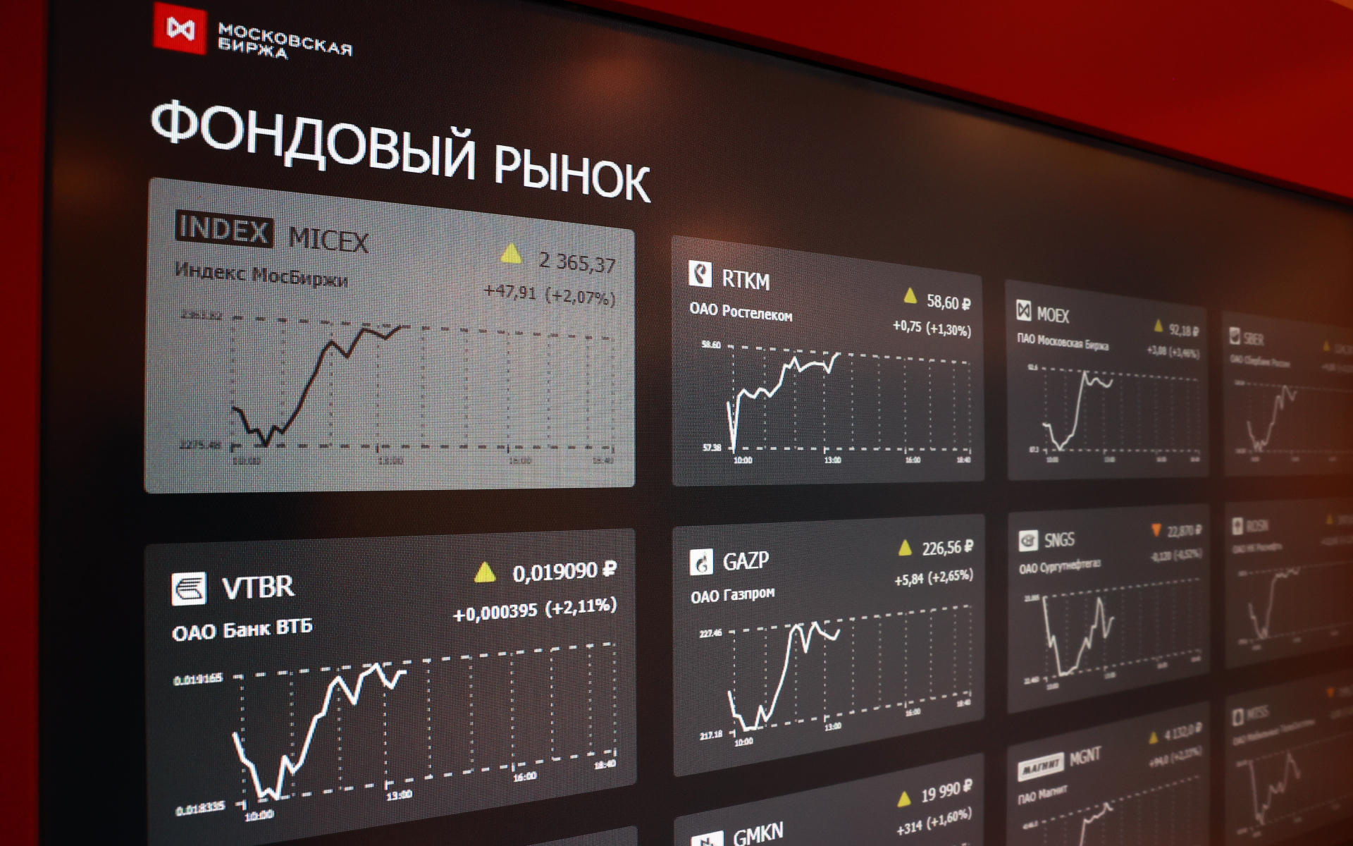 Информационный стенд с графиками фондовых рынков в офисе Московской биржи