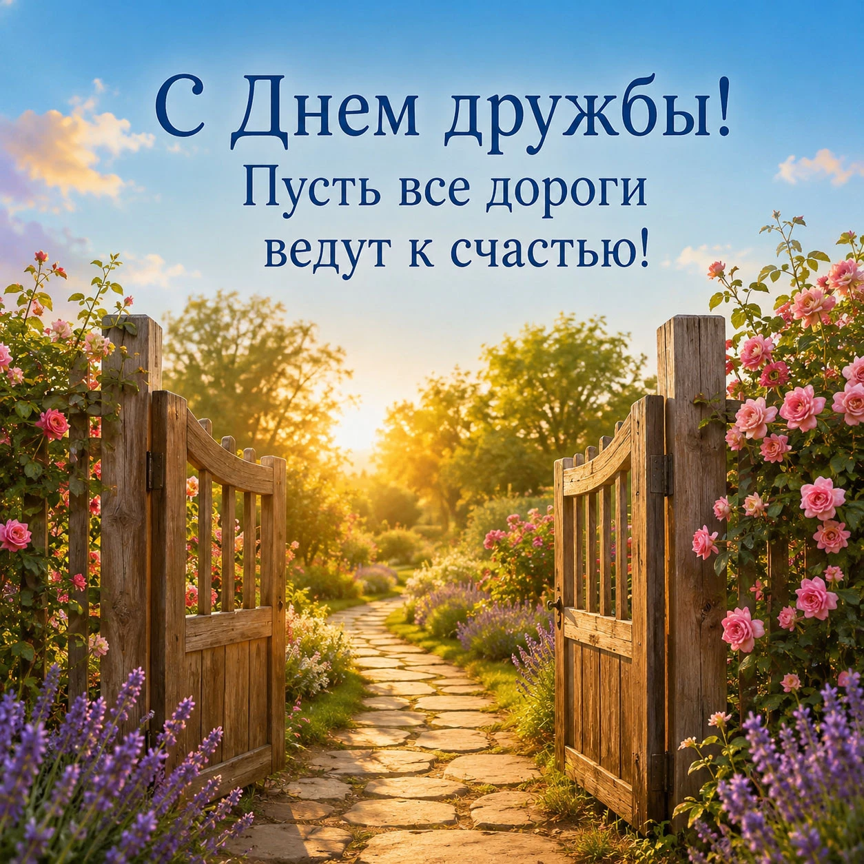 Открытка ко Дню дружбы с пожеланием «Пусть все дороги ведут к счастью!»