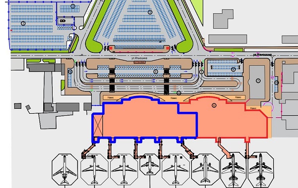 Синей линией выделено существующее здание аэропорта, красной &mdash; перспективное развитие