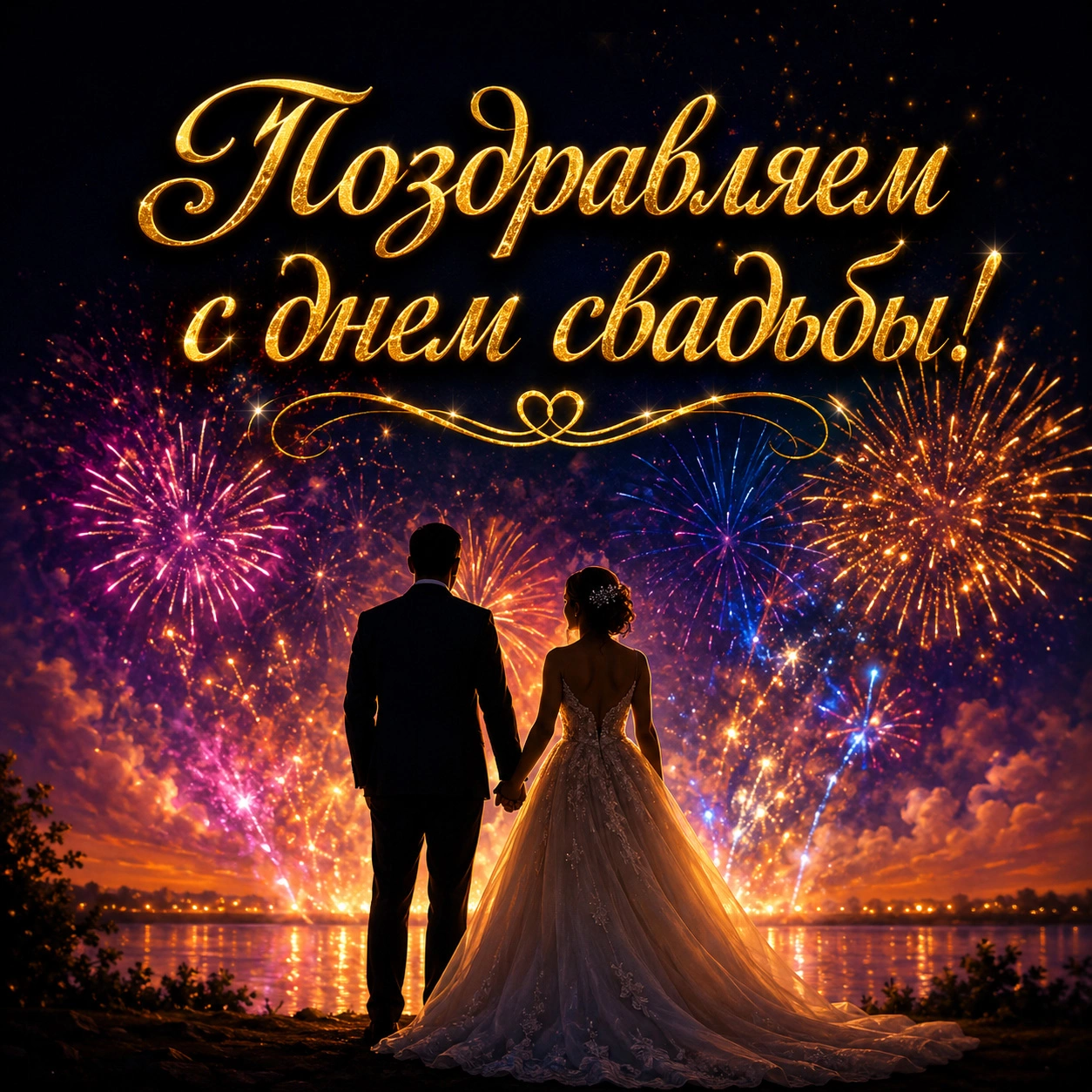 Открытка с салютом и поздравлением с днем свадьбы