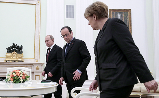 Владимир Путин, Франсуа Олланд и Ангела Меркель (слева направо)