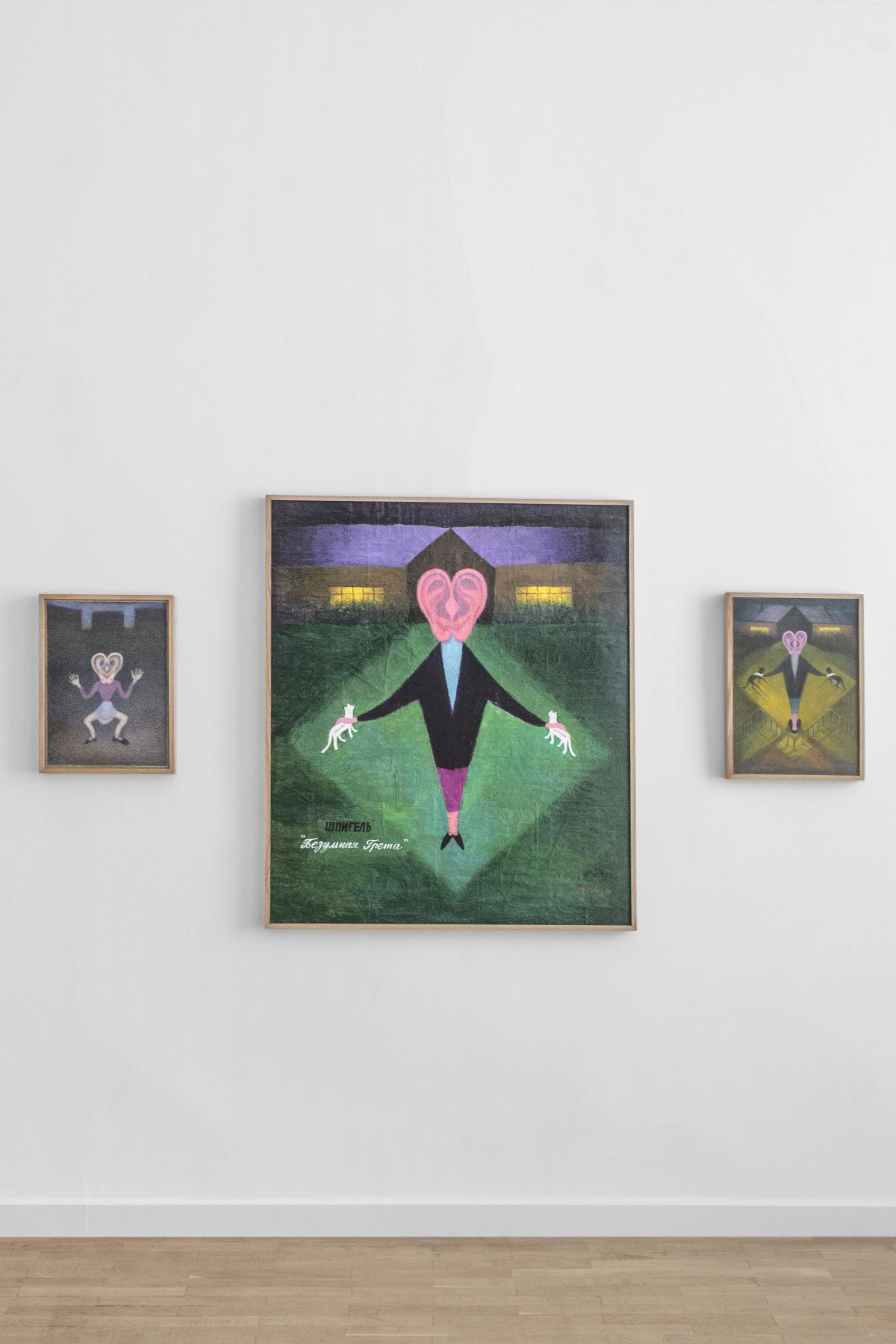 Картины «Двойное ухо», 2010, «Безумная Грета», 2019, «Безумная Грета», 2010. Из серии «Шпигель»