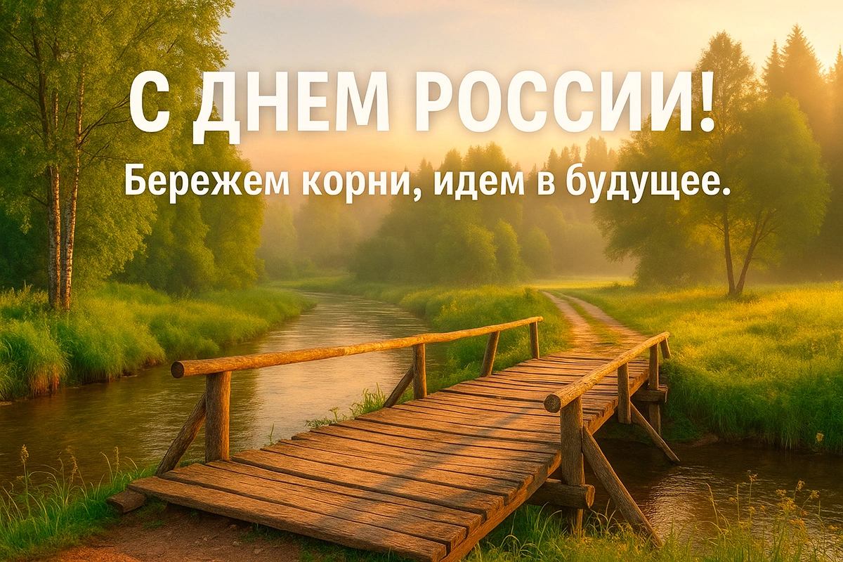 Открытка с надписью «С Днем России! Бережем корни, идем в будущее»