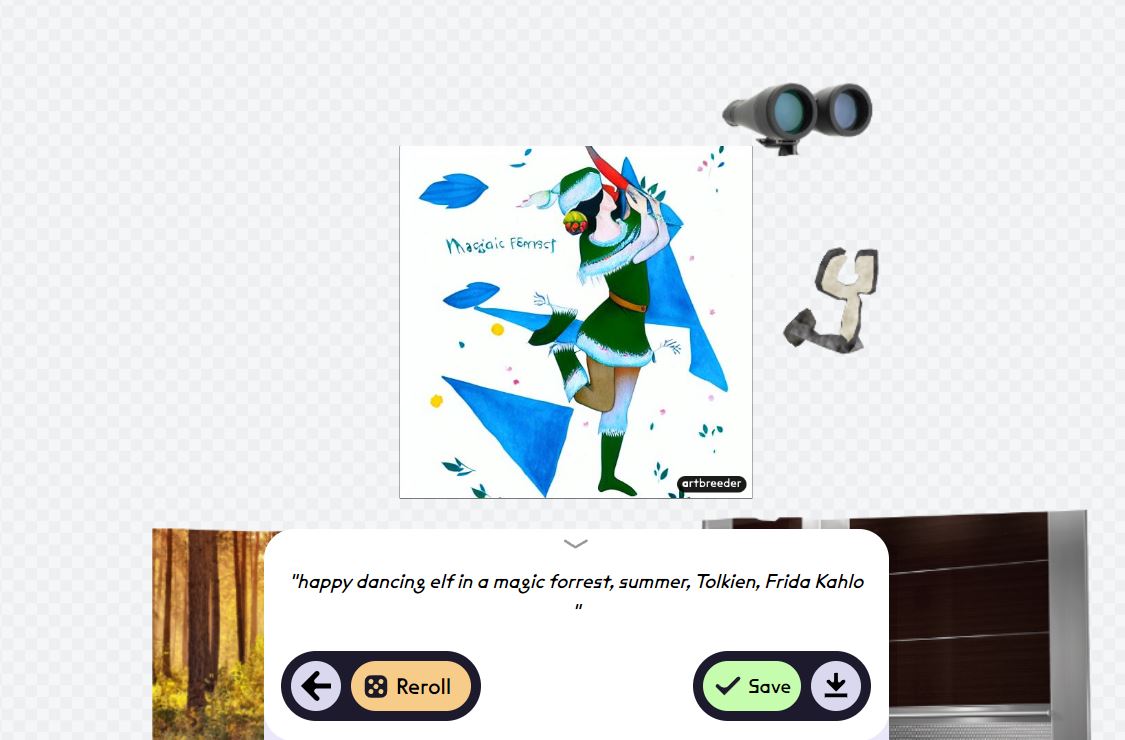 Итог генерации по запросу &laquo;танцующий счастливый эльф в магическом лесу, лето, Толкин, Фрида Кало&raquo;