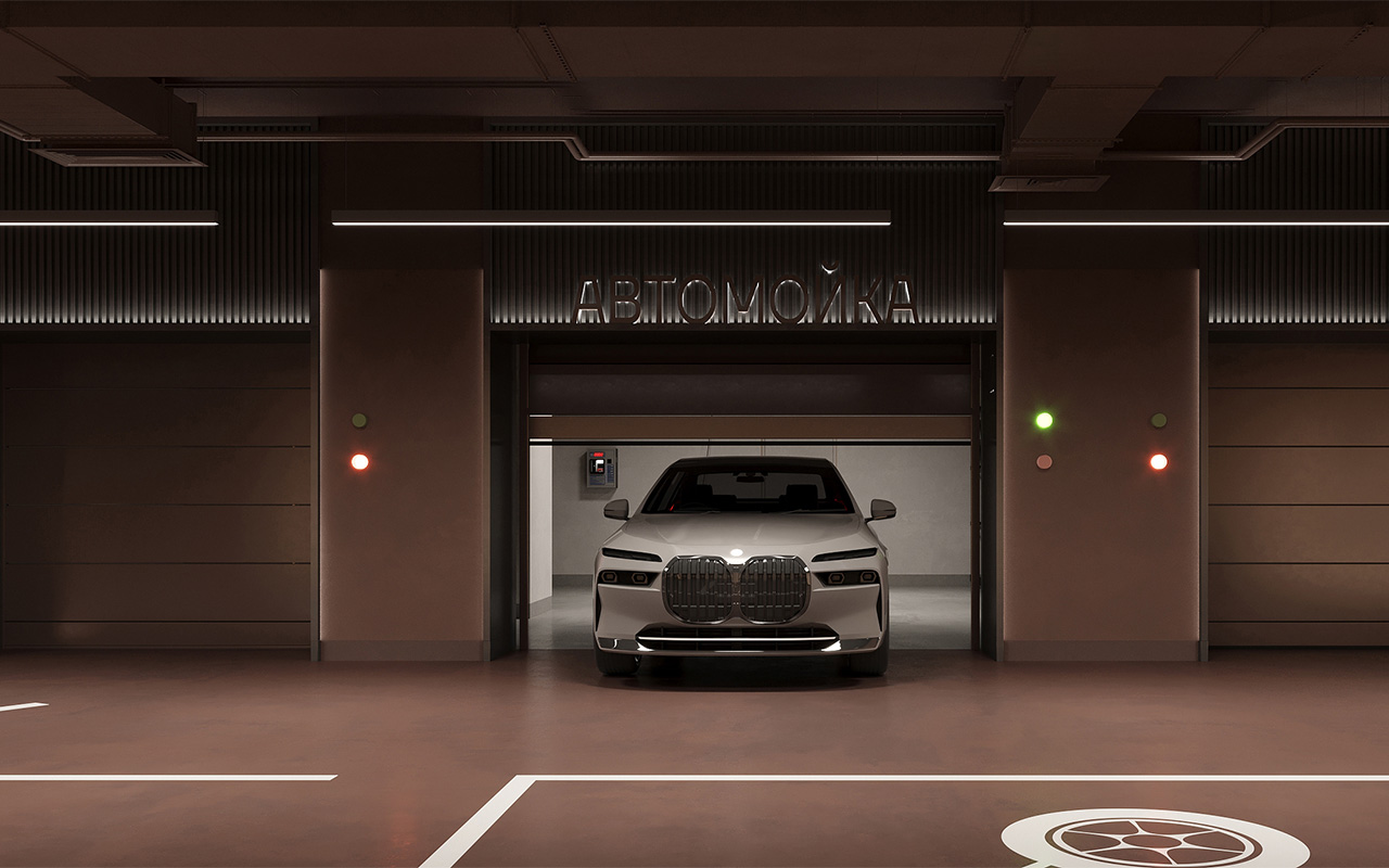 В паркингах элитных домов предусмотрены дополнительные сервисы. Например, автомойка или станция подкачки шин