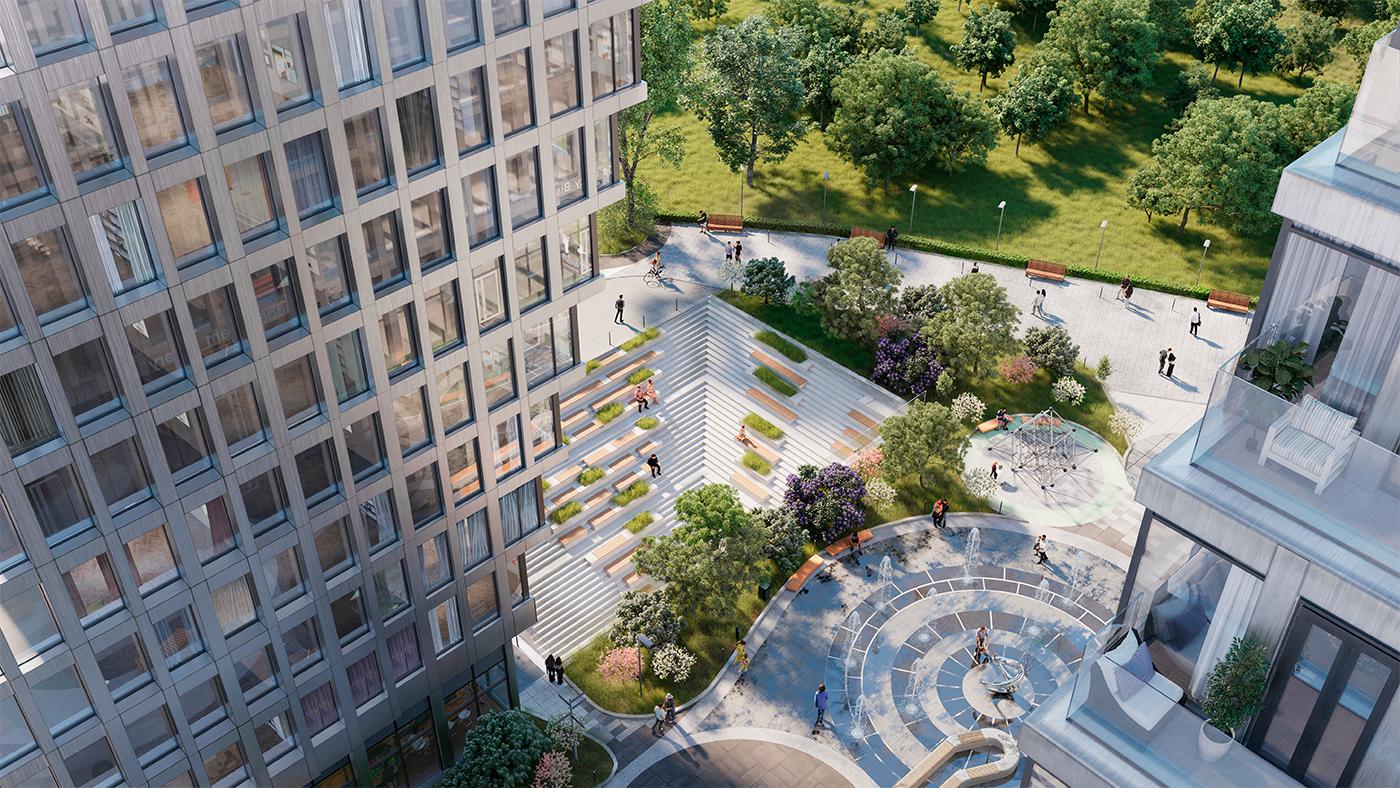 Благоустроенный двор комплекса бизнес-класса &laquo;Эмоушн&raquo;