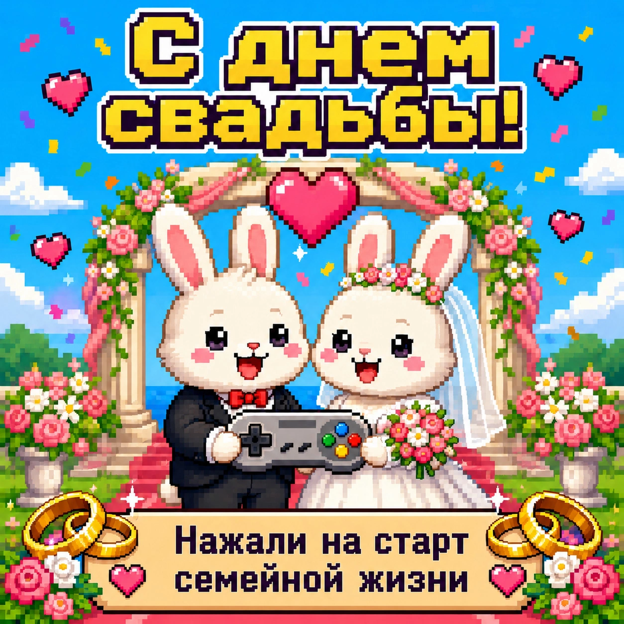 Прикольная открытка с днем свадьбы в стиле видеоигры