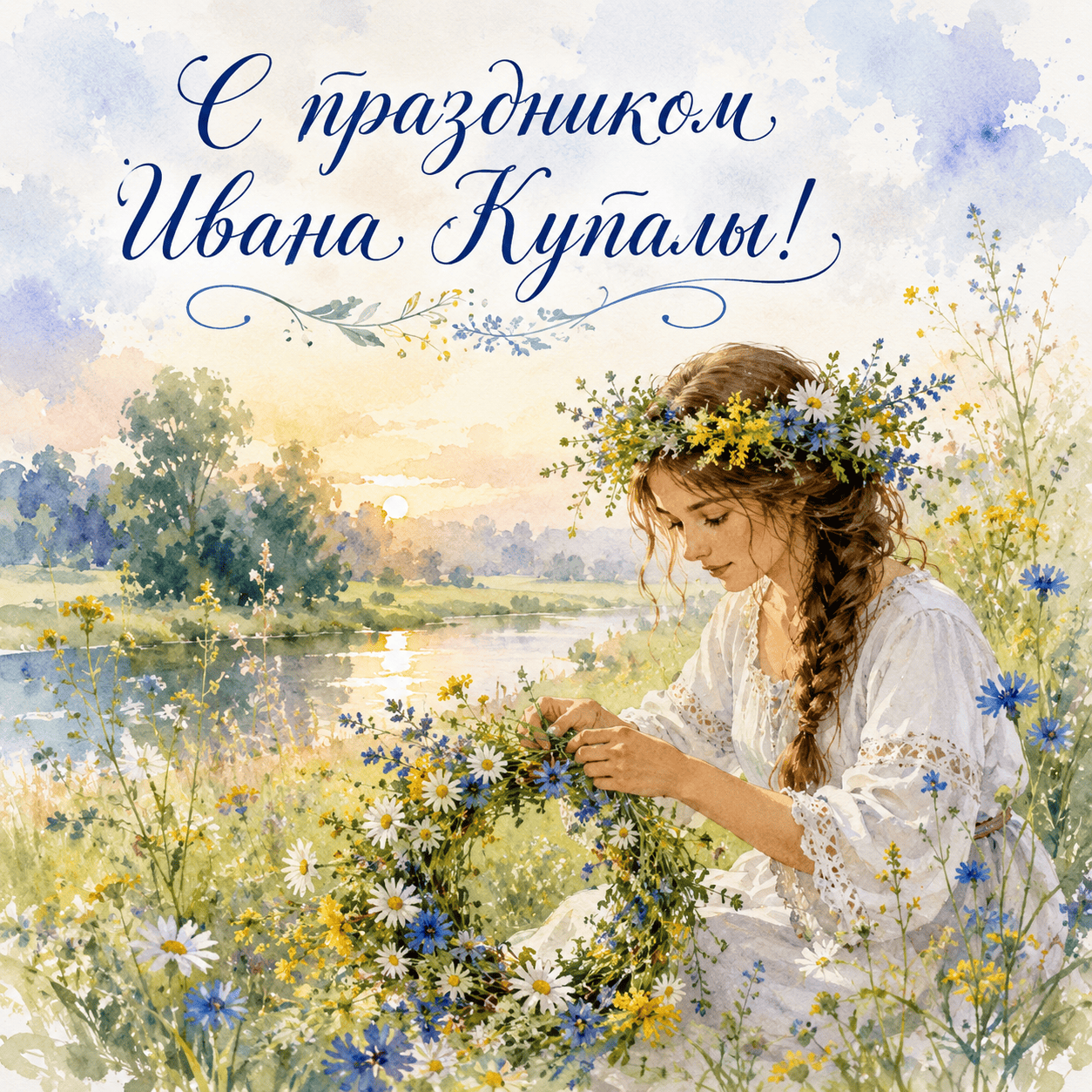 Открытка с девушкой в цветочном венке и надписью «С праздником Ивана Купалы!»
