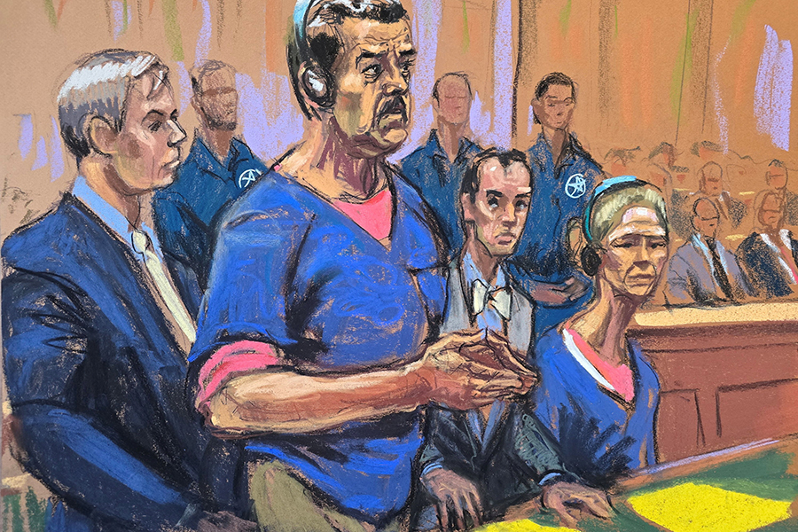Барри Поллак, Николас Мадуро, Марк Доннелли и Силия Флорес,&nbsp;судебная зарисовка с заседания.