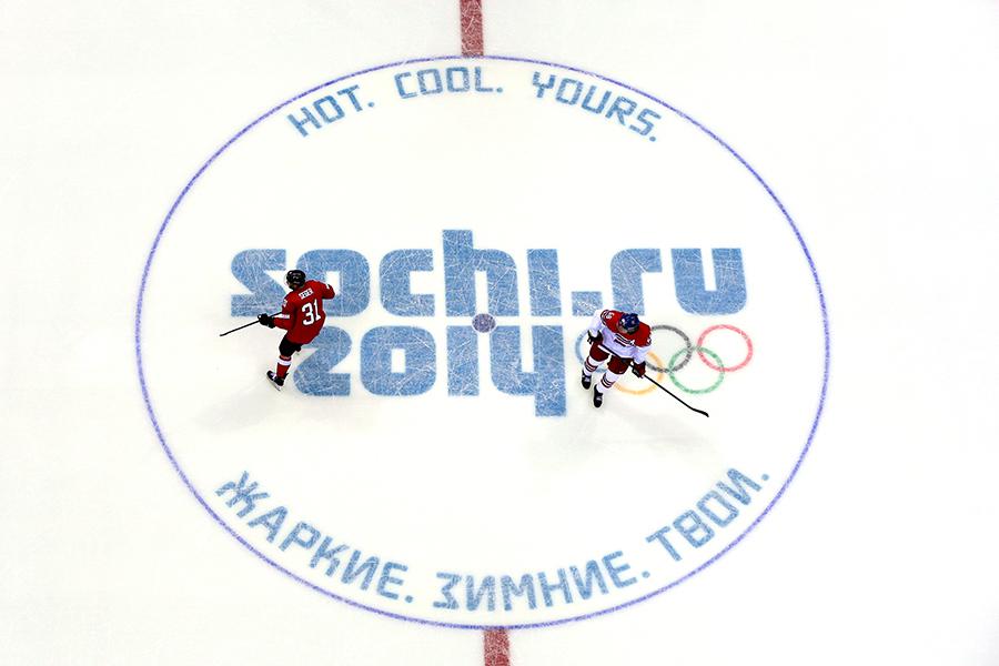 
SOCHI, RUSSIA - FEBRUARY 15: Mathias Seger #31 of Switzerland and Jaromir Jagr #68 of the Czech Republic skate over the Sochi Logo during the Men's Ice Hockey Preliminary Round Group C game on day eight of the Sochi 2014 Winter Olympics at Bolshoy Ice Dome on February 15, 2014 in Sochi, Russia.&nbsp; 