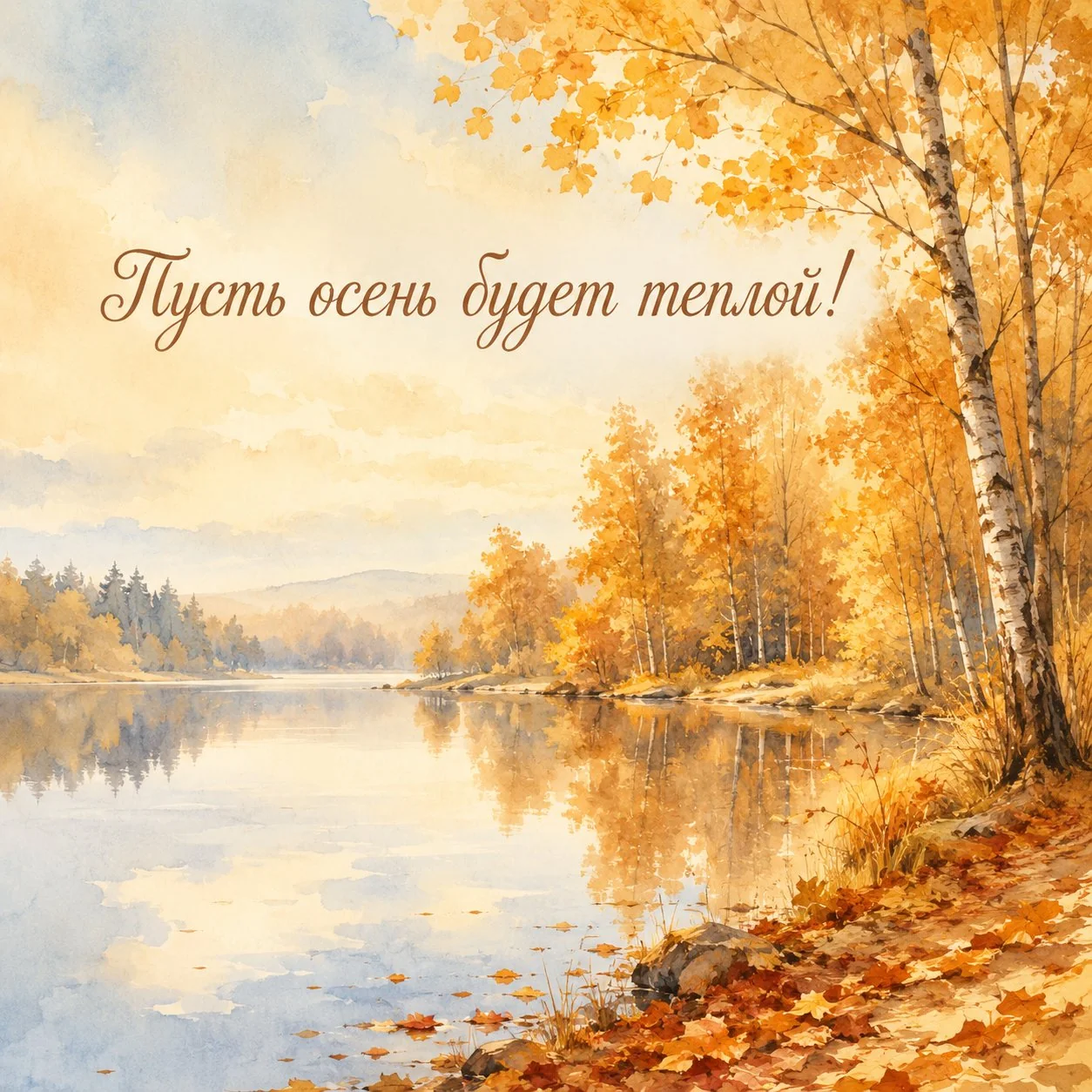 Красивая открытка с осенним лесом с пожеланием теплой осени