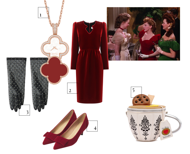1. Часы-подвеска Alhambra secret, Van Cleef & Arpels, 1 560 000 руб. (Van Cleef & Arpels)
2. Платье Saint Laurent, 238 500 руб. (ЦУМ)
3. Перчатки WOS, 7600 руб. (WOS)
4. Туфли Age of Innocence, 23 800 руб. (Age of Innocence)
5. Сумка Braccialini, 17 540 руб. (No One)