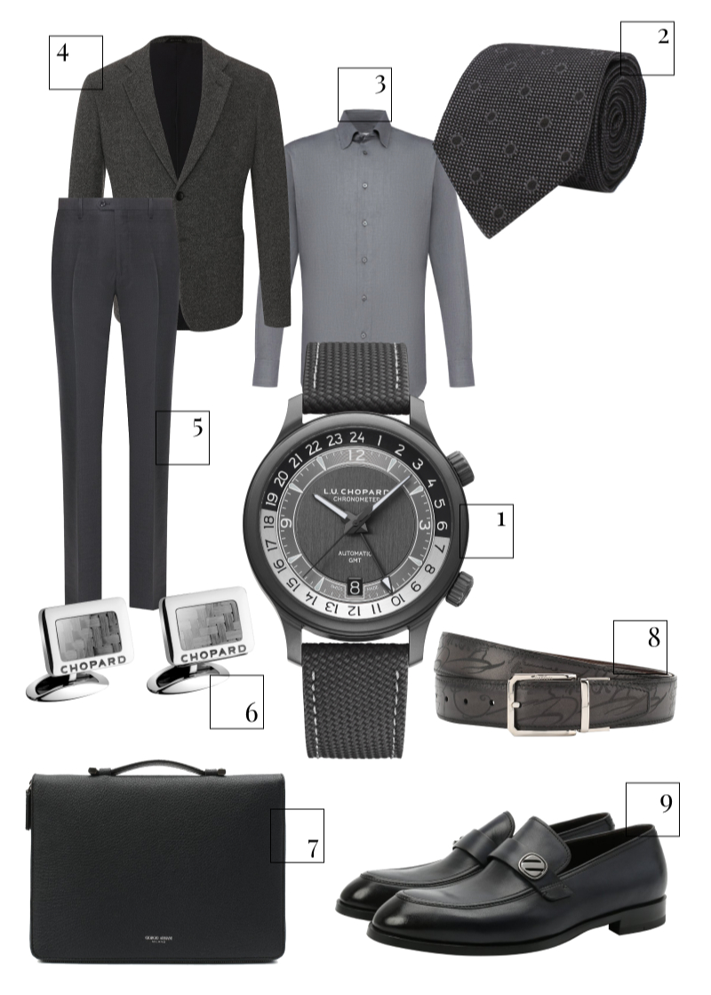 1. Часы L.U.C GMT One Black, Chopard, 955 900 руб. (Chopard)
2. Галстук Tom Ford, 15 950 руб. (Третьяковский проезд)
3. Сорочка Brioni, 63 000 руб. (Третьяковский проезд)
4. Пиджак Giorgio Armani, 126 500 руб. (ЦУМ)
5. Брюки Giorgio Armani, 43 150 руб. (ЦУМ)
6. Запонки Classic Racing, Chopard 27 650 руб. (Chopard)
7. Портфель Giorgio Armani, 129 500 руб. (ЦУМ)
8. Ремень Berluti, 65 350 руб. (ЦУМ)
9. Ботинки Ermenegildo Zegna, 68 700 руб. (Кутузовский проспект)