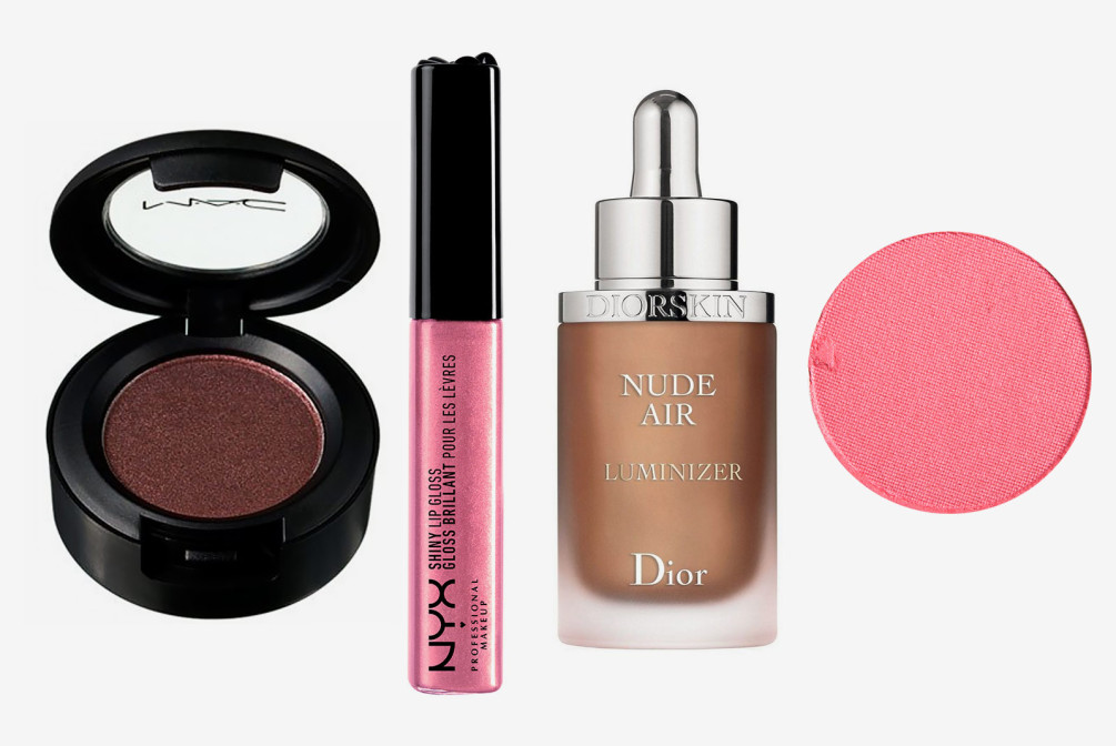 Тени для век Antiqued, MAC Cosmetics; блеск для губ NYX Professional Make Up; иллюминайзер Diorskin Nude Air Luminizer, Dior; тени для век Sushi Flower, MAC Cosmetics