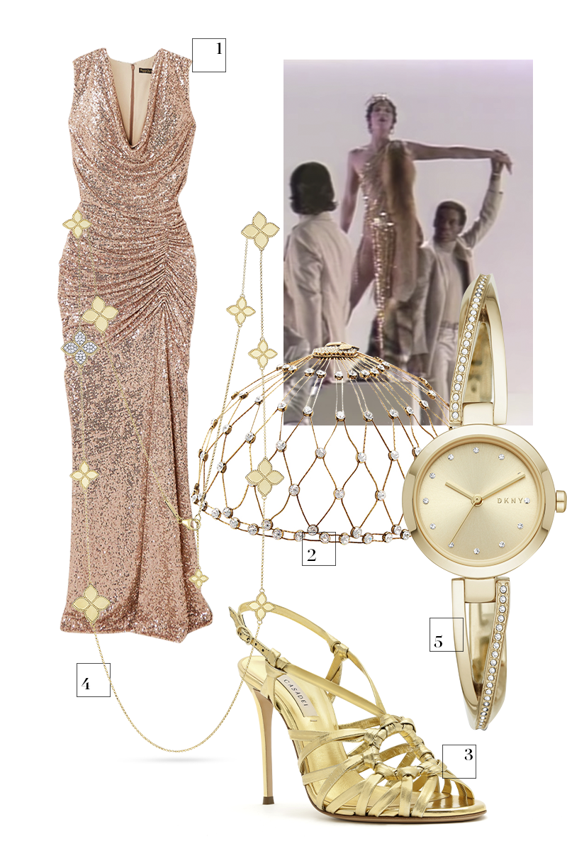 1. Платье Reem Acra, £2379 (net-a-porter.com)
2. Украшение для волос Gucci, 240 200 руб. (Aizel)
3. Босоножки Casadei, 60 100 руб. (farfetch.com)
4. Сотуар Princess Flower, 450 000 руб., Roberto Coin (ЦУМ)
5. Часы Crosswalk, DKNY, 13 830 руб. (bestwatch.ru)