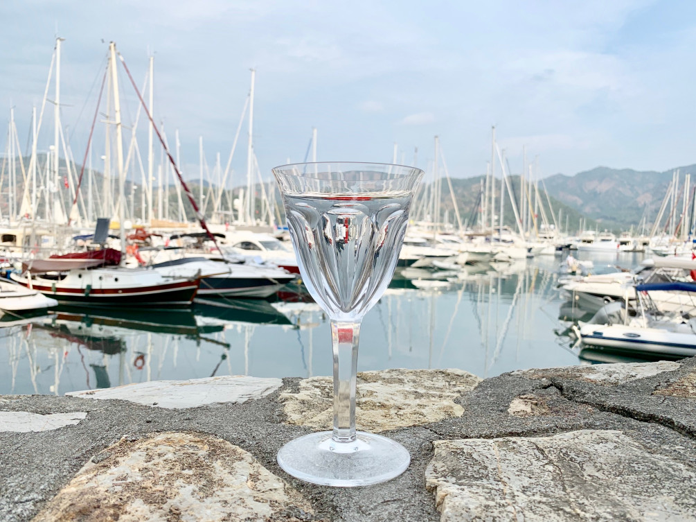 Бокал для красного вина Moser на фоне марины D-Resort Göcek