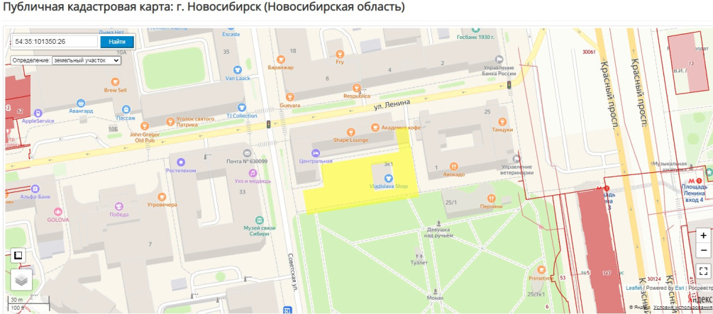 Участок площадью 2,35 тыс. кв. м. с кадастровым номером 54:35:101350:26