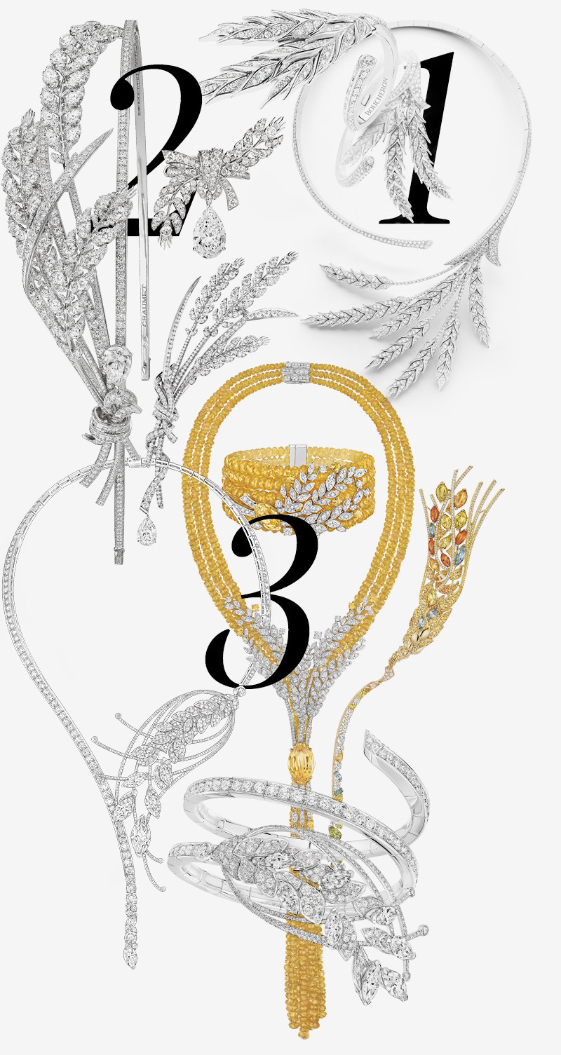 1. Кольцо, браслет, колье Blé d’été, Boucheron
2. Брошь, кольцо, тиара Offrandes d’été, брошь Moissons sous le Vent, Chaumet
3. Браслет и колье Legende de Blé, браслет и колье Moisson d’or, брошь L’Epi, Chanel Fine Jewellery