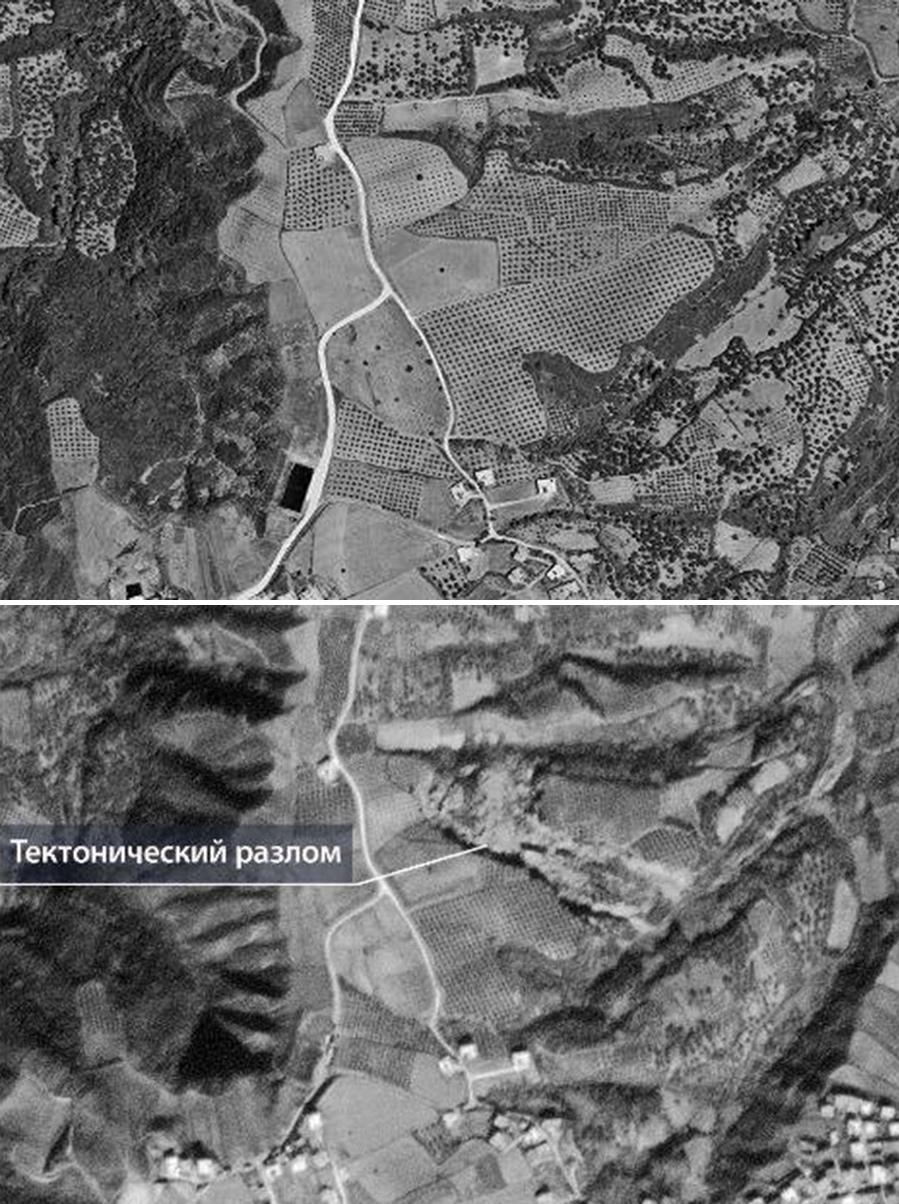 На снимках видно, как трещина глубиной около 30 м и шириной примерно 200 м разделила оливковое поле