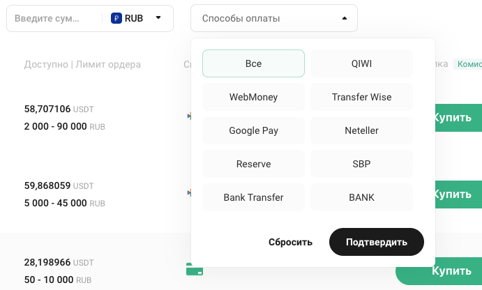 Выбор способов оплаты в рублях на p2p-платформе KuCoin