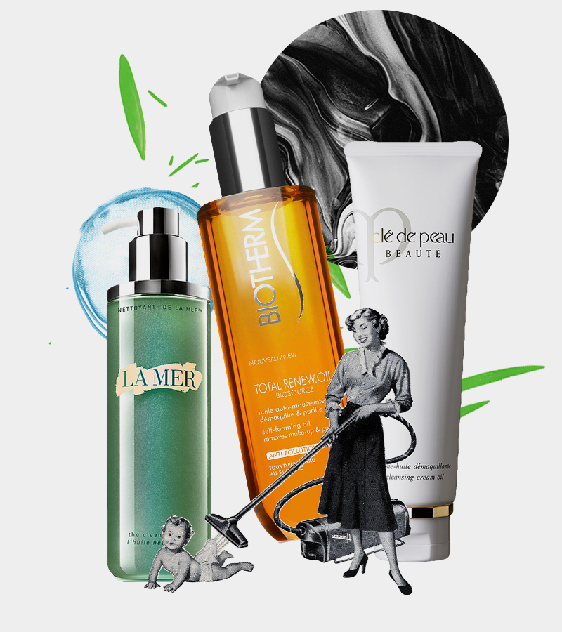 — Очищающее и детоксифицирующее масло для лица The Cleansing Oil, La Mer
— Пенящееся масло для снятия макияжа Total Renew Oil, Biosource, Biotherm
— Очищающий крем с масляной текстурой Crème-Huile Démaquillante, Clé de Peau Beauté