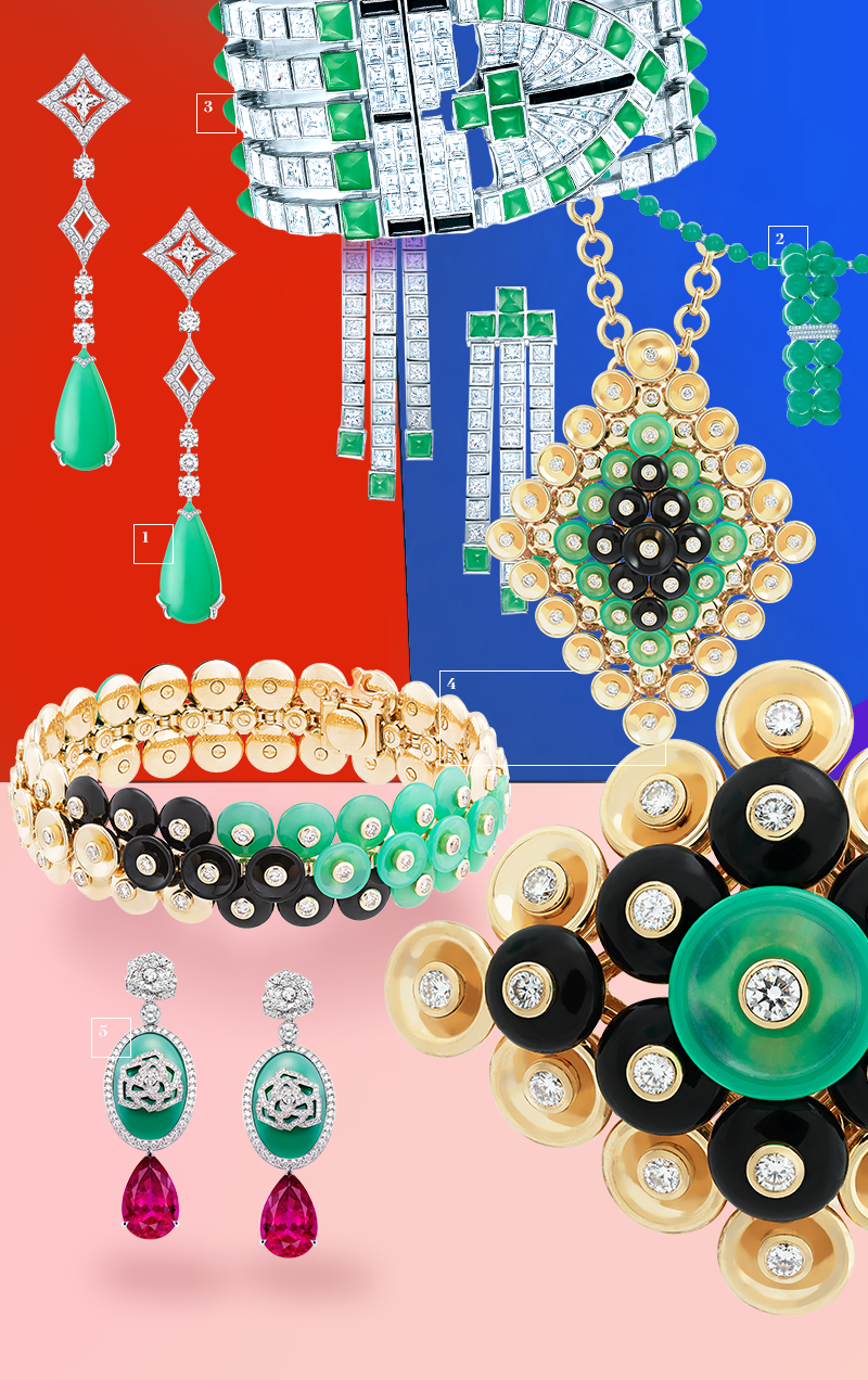 1. Серьги Acte V Metamorphosis, Louis Vuitton. Золото, бриллианты, хризопразы

2. Сотуар и браслет, Tiffany &amp; Co. Платина, бриллианты, хризопразы

3. Серьги и браслет, Tiffany &amp; Co. Платина, бриллианты, черная шпинель, хризопразы

4. Кольцо, браслет, подвеска Bouton d&rsquo;Or, Van Cleef &amp; Arpels. Золото, оникс, бриллианты, хризопразы

5. &nbsp;Серьги Piaget Rose Passion, Piaget. Золото, бриллианты, рубеллиты, хризопразы
