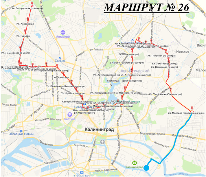 Маршрут автобуса 7 на карте Калининграда