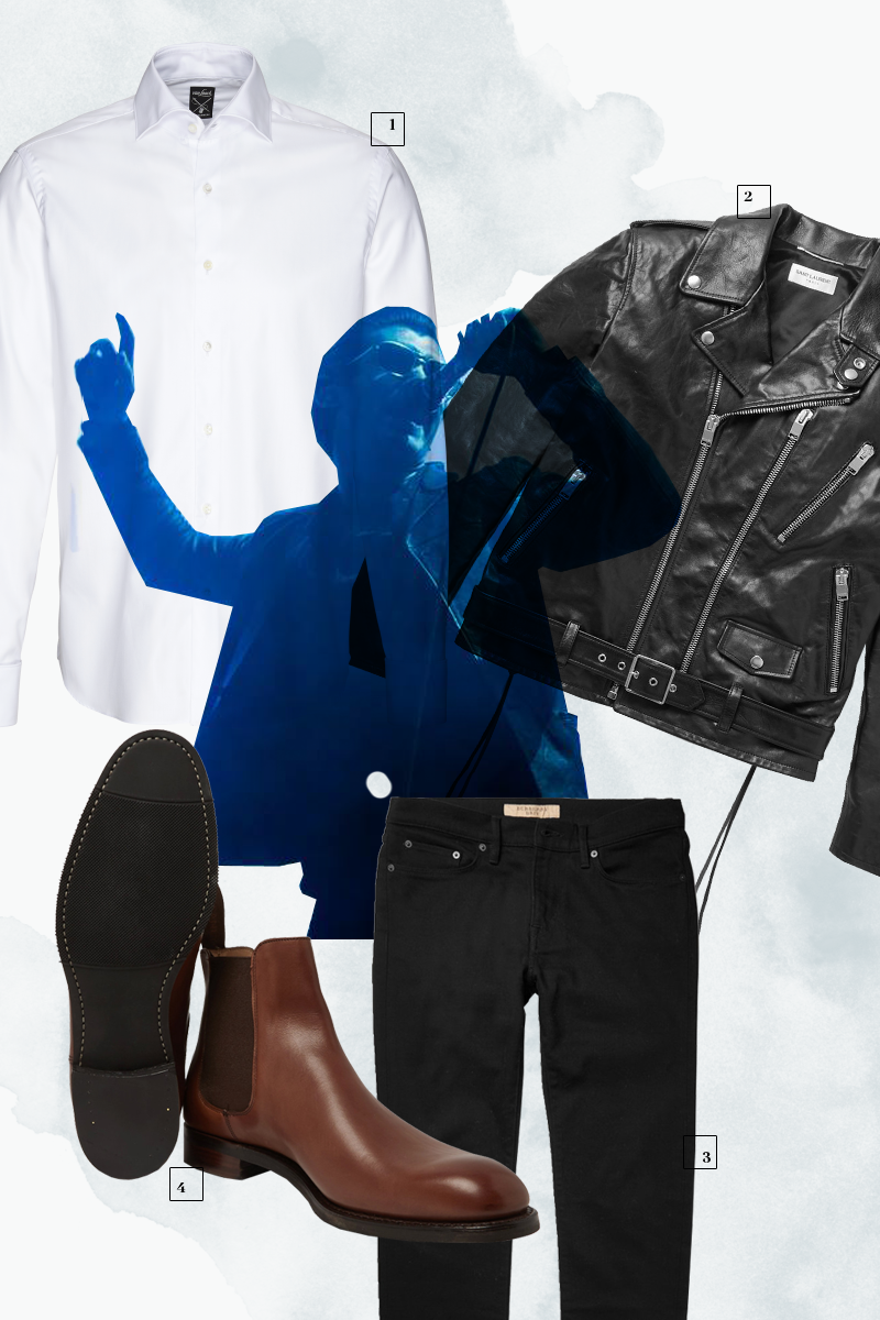 1 | Рубашка Van Laack; 2 | Кожаная куртка Saint Laurent; 3 | Джинсы Burberry; 4 | Ботинки Cheany