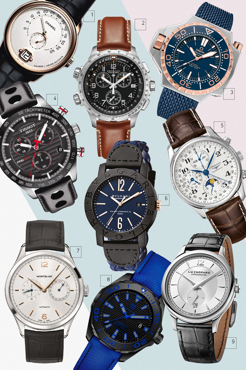 1) Monsieur de Chanel, Chanel. Золото Beige. Калибр с ручным заводом Calibre 1. Стоимость: 2 779 900 руб.
2) Khaki X-Wind Chrono Quartz GMT, Hamilton. Сталь, многоуровневый циферблат. Кварцевый механизм G10.962. Стоимость: 70 800 руб.
3) Seamaster Ploprof 1200m, Omega. Титан, золото Sedna, лак, корпус герметичен до глубины 1200 м. Механизм Master Chronometer 8912. Стоимость: 1 017 000 руб.
4) Tissot PRS 516, Tissot. Сталь, керамика. Автоматический механизм ETA A05.H31. Стоимость: 37 750 руб.
5) The Longines Master Collection, Longines. Сталь. Автоматический калибр с хронографом. Стоимость: 202 300 руб.
6) Bvlgari Bvlgari Carbon Gold, Bulgari. Cталь с углеволоконным покрытием, золото. Автоматический калибр B77. Стоимость: 203 000 руб.
7) Montblanc Heritage Chronométrie Collection Twincounter Date, Montblanc. Сталь. Автоматический калибр MB 24.23 с сертификатом Montblanc «500 часов». Стоимость: 198 100 руб.
8) Aquaracer Black Titanium 300m, TAG Heuer. Титан, керамика. Автоматический калибр 5 TAG Heuer. Стоимость: 182 900 руб.
9) L.U.C XPS 1860, Chopard. Сталь. Мануфактурный автоматический калибр L.U.C 96.01-L. Лимитированная серия в 250 экземпляров. Стоимость: 651 000 руб.