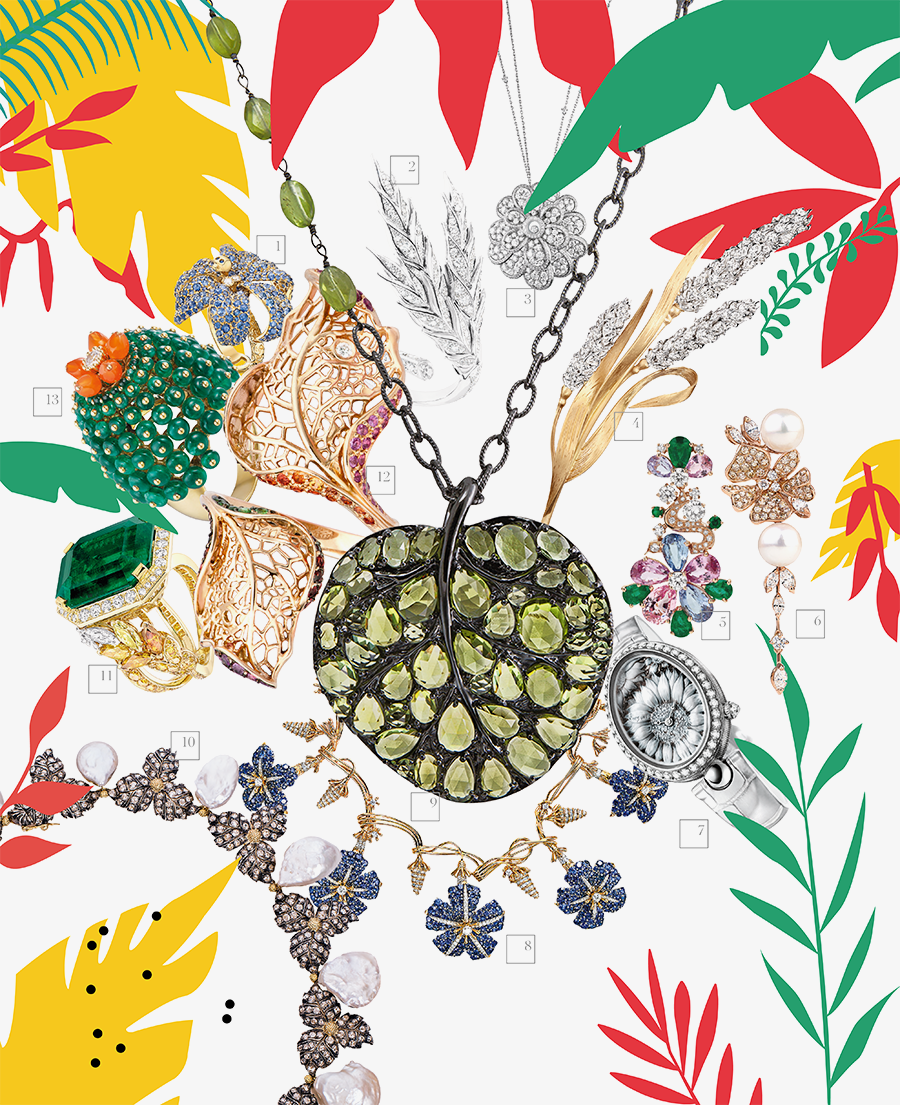 1. Кольцо Flora, Gucci
2. Кольцо Bl&eacute; d&rsquo;Et&eacute;, Boucheron
3. Подвеска Happy Diamonds, Chopard
4. Брошь Moisson sous le vent, Chaumet
5. Серьги Fiore, Magnificent Inspirations, Bulgari
6. Серьги Fiori d&rsquo;Arancio, Damiani
7. Часы Reine de Naples, Breguet
8. Колье Masterpieces, Tiffany &amp; Co.
9. Подвеска Botanical Leaf, Michael Aram
10. Колье, Buccellati
11. Кольцо Epi Vend&ocirc;me, Chanel Fine Jewellery
12. Кольцо Otono, Carrera y Carrera
13. Кольцо Cactus de Cartier, Cartier