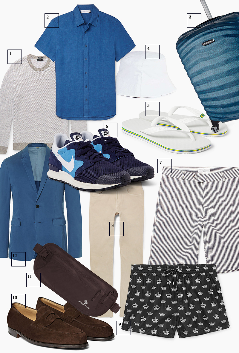 1. Пуловер, Hugo Boss | 2. Рубашка, Orlebar Brown | 3. Чемодан, Samsonite | 4. Панама, Topman | 5. Шлепанцы, Havaianas | 6. Кроссовки, Nike | 7. Шорты, Officine Generale | 8. Чиносы, Canali | 9. Плавки, Dolce & Gabbana | 10.Лоферы, John Lobb | 11. Поясная сумка, Eagle Creek | 12. Блейзер, Burberry