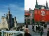 Слева: возведение сталинской высотки на&nbsp;Кудринской площади (во время строительства дома называлась площадью Восстания). Справа: дворники на&nbsp;Красной площади